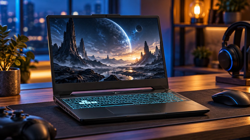 Laptop gaming trong góc máy buổi tối