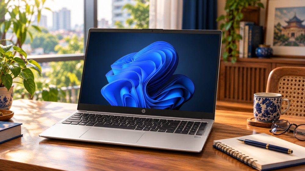 Laptop HP màu bạc trên bàn học và làm việc tại nhà