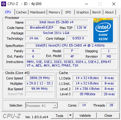 CPU Intel Xeon E5 2680 v4 (2.4 turbo 3.3GHz / 14Cores / 28 Thread / 2011v3  / T)