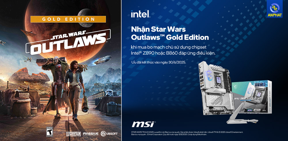 Mua bo mạch chủ MSI chip set Intel nhận code game Star Wars Outlaws Gold Edition