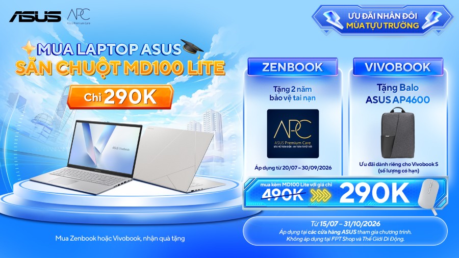 Mua laptop Asus săn chuột MD100 Lite chỉ 290K