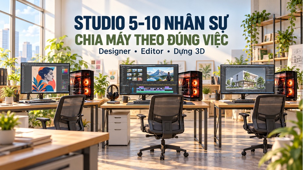 Trang bị máy cho studio 5–10 nhân sự: chia cấu hình theo vị trí công việc