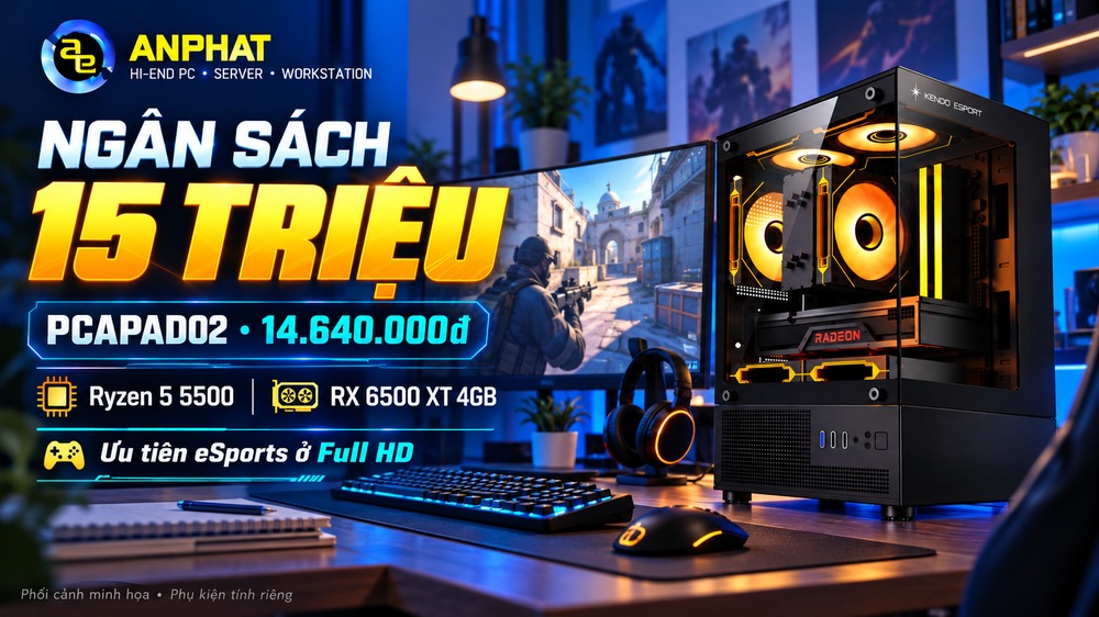 PCAPAD02 Ryzen 5 5500 RX 6500 XT 4GB trong ngân sách build PC 15 triệu