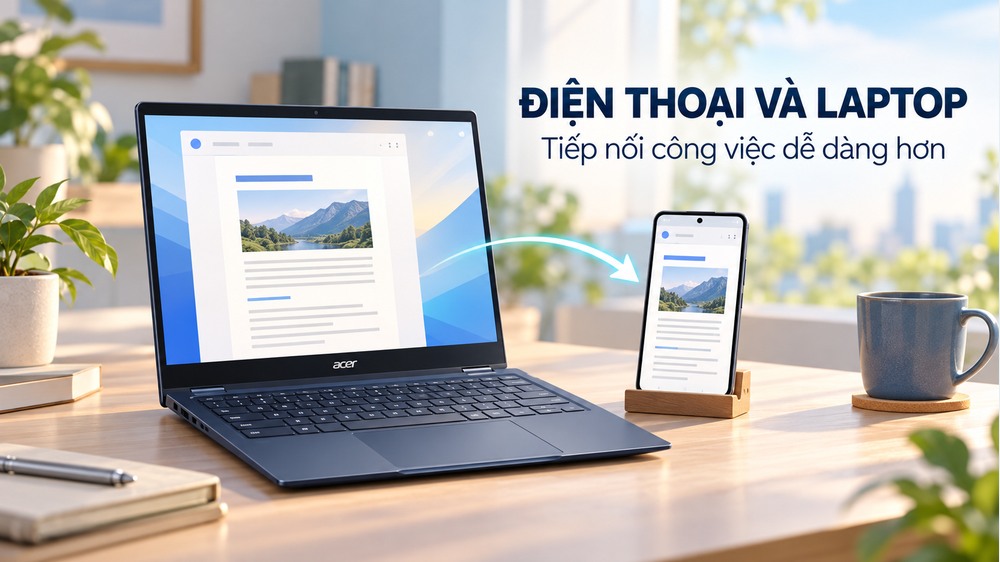 Minh họa Acer Googlebook tiếp nối công việc giữa điện thoại Android và laptop