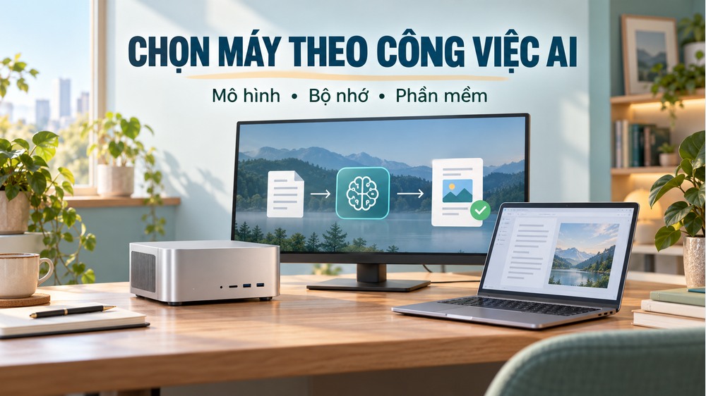 Minh họa chọn máy tính theo công việc AI và phần mềm sẽ dùng