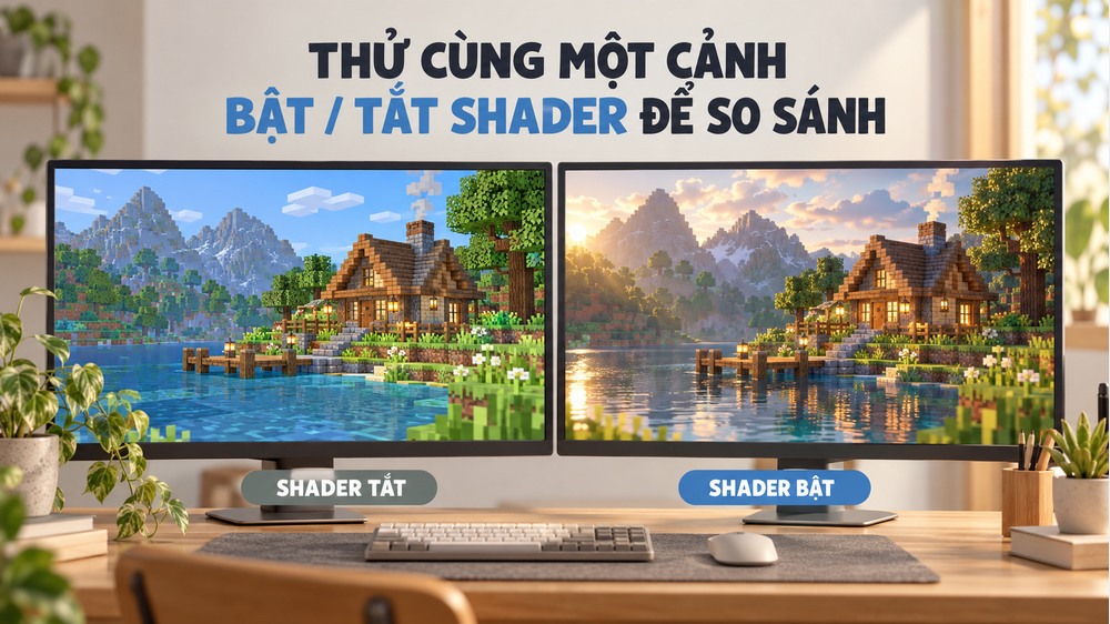 Minh họa cùng cảnh được thử khi tắt và bật shader