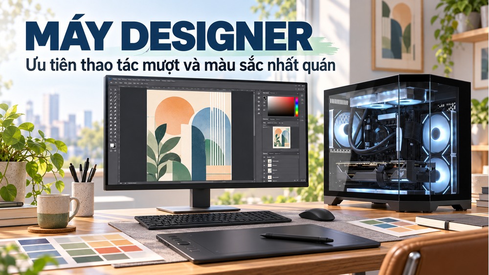Góc làm việc designer với màn hình thiết kế và PCAP minh họa