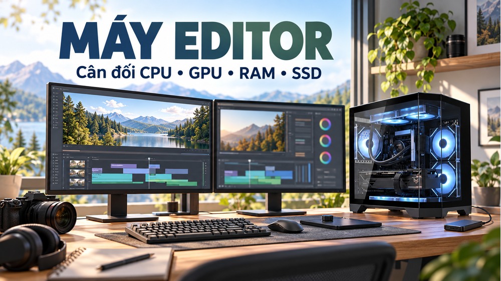 Máy editor với bản xem video và khu vực cắt dựng trên hai màn hình