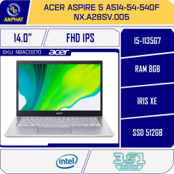 Laptop Acer Aspire 5 A514-54-540F NX.A28SV.005 (Core i5-1135G7/RAM 8GB/ 512GB SSD/Intel Iris/14.0 inch FHD/Win 10/ Bạc)