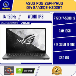 Laptop Gaming Asus ROG Zephyrus G14 GA401QE-K2026T (Ryzen 7-5800HS | 16GB | 1TB SSD | RTX 3050 Ti 4GB | 14.0 inch WQHD | Win 10 | Xám)