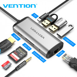 Cáp chuyển USB Type-C sang HDMI/USB3.0*3/ LAN/SD/TF,AV 3.5mm/PD (87w) Vention THAHB 10cm