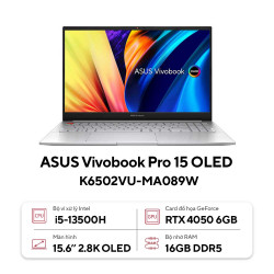 Laptop Asus Vivobook Pro 15 OLED K6502VU-MA089W (Core™ i5-13500H | 16GB | 512GB | RTX 4050 6GB | 15.6inch 2.8K OLED | Win 11 | Bạc)