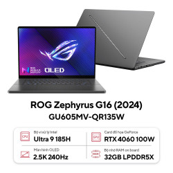 Laptop Asus Gaming ROG Zephyrus G16 GU605MV-QR135W (Intel Ultra 9 185H | RTX 4060 8GB |32GB | 1TB |  16 inch 2.5K OLED 240Hz| Win 11 | Xám)