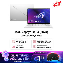 Laptop Asus Gaming ROG Zephyrus G14 GA403UU-QS101W (AMD Ryzen 9 8945HS |  RTX 4050 6GB |32GB | 512GB | 14 inch 3K OLED 120Hz | Win 11 | Trắng)
