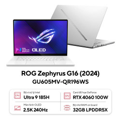 Laptop Asus Gaming ROG Zephyrus G16 GU605MV-QR196WS (Intel Ultra 9 185H |RTX 4060 8GB | 32GB | 1 TB |  16 inch 2.5K | Win 11 | Trắng)