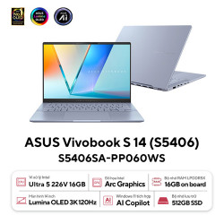 Laptop ASUS Vivobook S 14 OLED S5406SA-PP060WS (Intel Core Ultra 5 226V | 16GB | 512GB | Intel Arc | 14 inch 3K OLED| Win 11 | Office | Xanh)