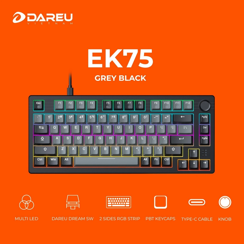 Bàn phím cơ DareU EK75 Grey Black DareU Dream switch (keycap PBT)