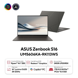 Laptop Asus Zenbook S 16 UM5606KA-RK113WS (AMD Ryzen AI 7 350 Processor 2.0GHz | 24GB | 1TB | AMD Radeon | 16 inch 3K OLED | Win 11 | Office | Xám)