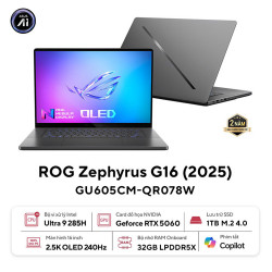 Laptop Asus Gaming ROG Zephyrus G16 GU605CM-QR078W (Intel Core Ultra 9 285H | RTX 5060 8GB | 16 inch 2.5K OLED 240Hz | 32GB | 1TB | Win 11 | Xám)