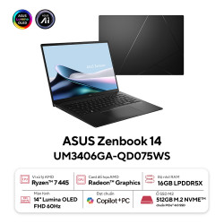 Laptop ASUS Zenbook 14 UM3406GA-QD075WS (AMD Ryzen AI 7 445 | AMD Radeon | 14 inch WUXGA OLED | 16GB | 512GB | Win 11 | Office | Đen)