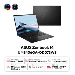 Laptop ASUS Zenbook 14 UM3406GA-QD073WS (AMD Ryzen AI 7 445 | AMD Radeon | 14 inch WUXGA OLED | 32GB | 1TB | Win 11 | Office | Đen)