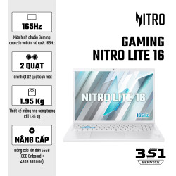 Laptop Acer Gaming Nitro Lite 16 NL16-71G-71FN NH.D5ASV.003 (Intel Core i7-13620H | RTX 4050 6GB | 16 inch WUXGA 180Hz | 16GB | 512GB | Win 11 | Trắng)