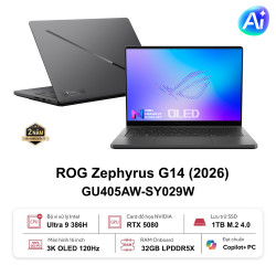 Laptop Gaming AI Asus ROG Zephyrus G14 GU405AW-SY029W (Core Ultra 9 386H | RTX 5080 16GB GDDR7 | 14-inch 3K | 32GB | 1TB | Windows 11 Home | Xám)