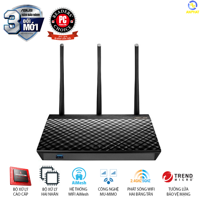 Router Wifi ASUS RT-AC66U B1 (Mobile Gaming) Chuẩn AC1750 MU-MIMO Dual Band Bảo vệ mạng AiProtection