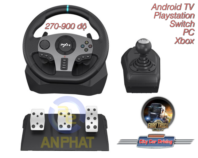 Vô lăng chơi game PXN V9 Pro Gaming Racing Wheel - Vô lăng 270/900 độ , pedal chân côn , số sàn 7 cấp , Có RUNG hỗ trợ PS3, PS4, Xbox One, Nintendo Switch