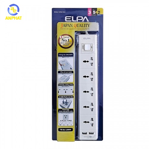 Ổ cắm điện ELPA ESU-VNC53 5 ổ điện, 1 công tắc, 3m, 2xUSB