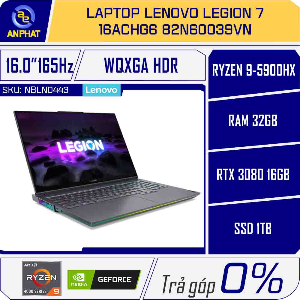 Lenovo Legion 7 Laptop ; Ryzen 7 5800H, NVIDIA RTX 3080 GPU, 16GB RAM, 1TB  SSD, 16.0 WQXGA (2560x1600) IPS, Anti-Glare, Non-touch, HDR400, 100% sRGB,  500 nits, 165Hz