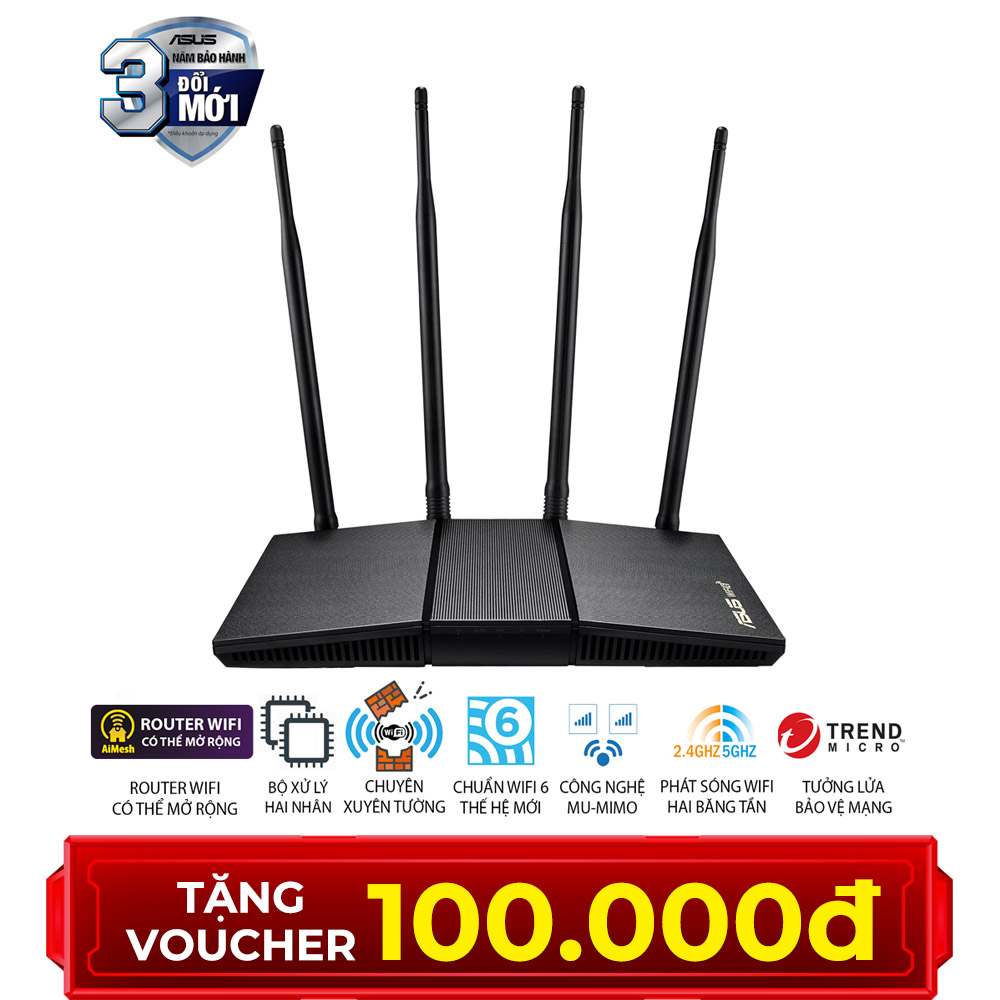 Bộ phát wifi 6 Asus RT-AX1800HP v2 MU-MIMO AX1800Mbps (Xuyên tường) _Router WiFi có thể mở rộng, 