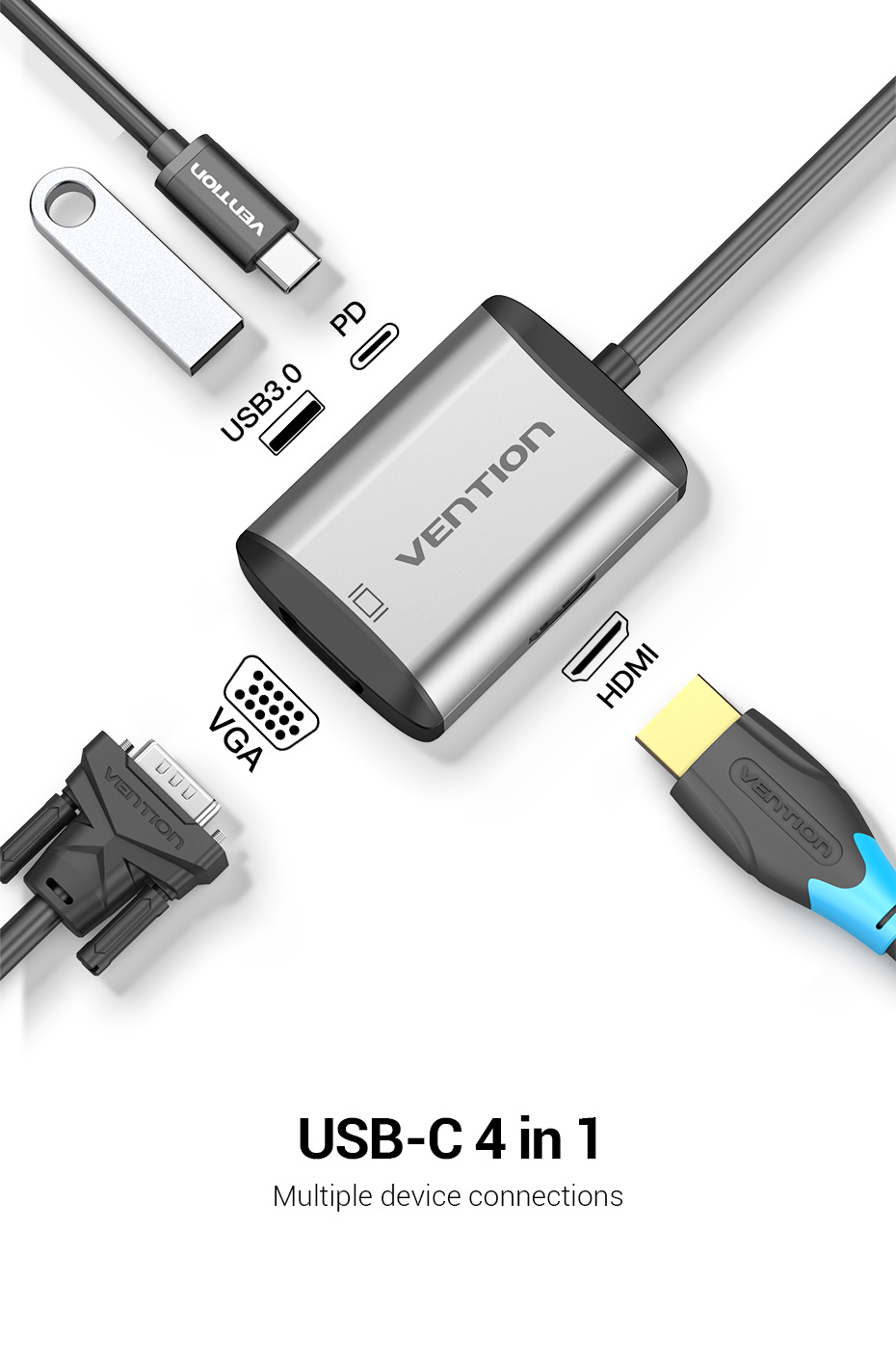 Cáp chuyển đổi Type C sang HDMI/VGA/USB3.0/PD - Vention TFAHB 15cm