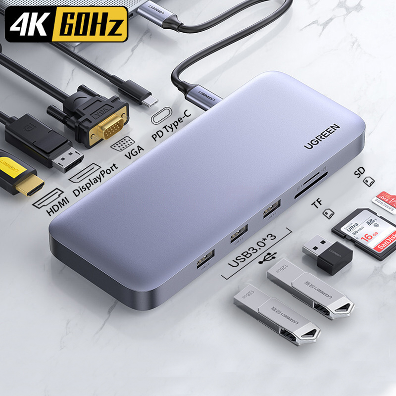 Cáp Chuyển Đổi USB Type C (11 in 1) to HDMI, VGA, Displayport, USB 3.0, đọc thẻ SD/TF hỗ trợ sạc USB C Ugreen 70305