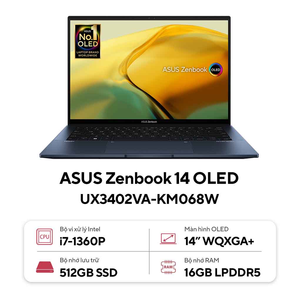 Laptop Asus Zenbook 14 OLED UX3402VA-KM068W (Intel Core i7-1360P | 16GB | 512GB | Intel Iris Xe | 14 inch OLED WQXGA+ | Win 11 | Xanh)