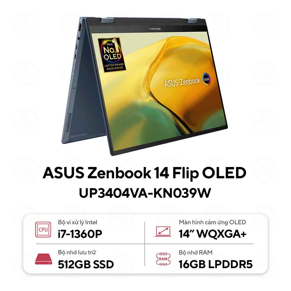 Laptop Asus Zenbook 14 Flip OLED UP3404VA-KN039W (Intel Core I7-1360P | 16GB | 512GB | Intel Iris Plus | 14.0-inch OLED WQXGA+ | Win 11 | Xanh)