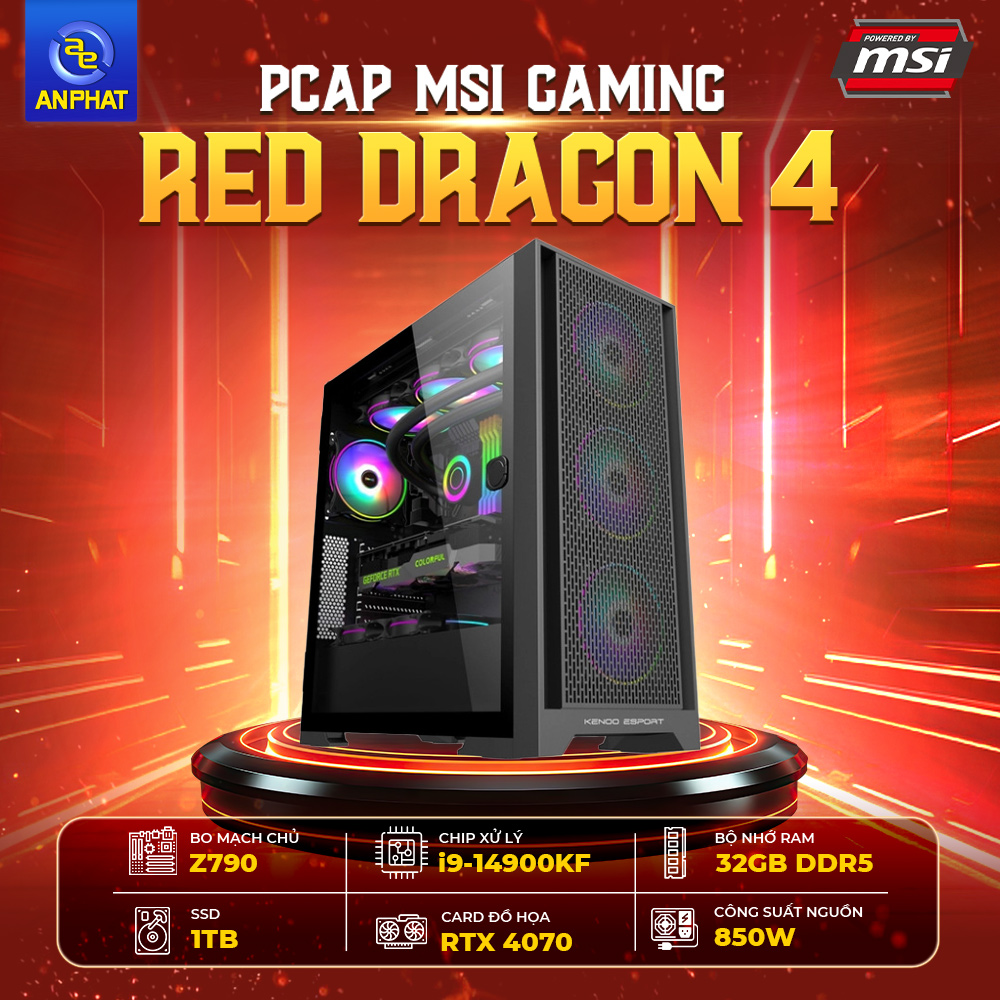 PCAP MSI GAMING RED DRAGON 4 ( i9-14900KF | RAM 32GB DDR5 | RTX 4070 | 1TB | 850W) - Cấu hình MSI Build PC sẵn dành cho Fan Rồng Đỏ