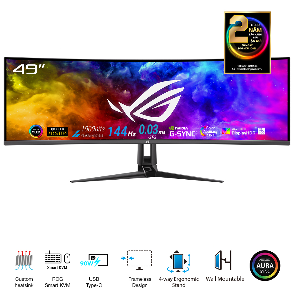Màn Hình Gaming ASUS ROG Swift OLED PG49WCD (49.0 inch - OLED - DualQHD - 144Hz - 0.03ms - USB TypeC - SPDIFout - FreeSyncPro - GSYNC - HDR400 - Curved)