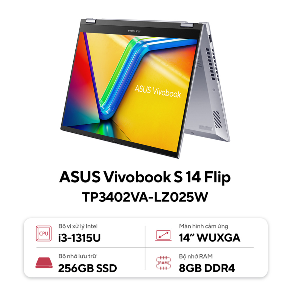 Laptop Asus Vivobook S 14 Flip TP3402VA-LZ025W (Intel Core i3-1315U | 8GB | 256GB | Intel UHD | 14 inch WUXGA | Cảm ứng | Win 11 | Bạc)
