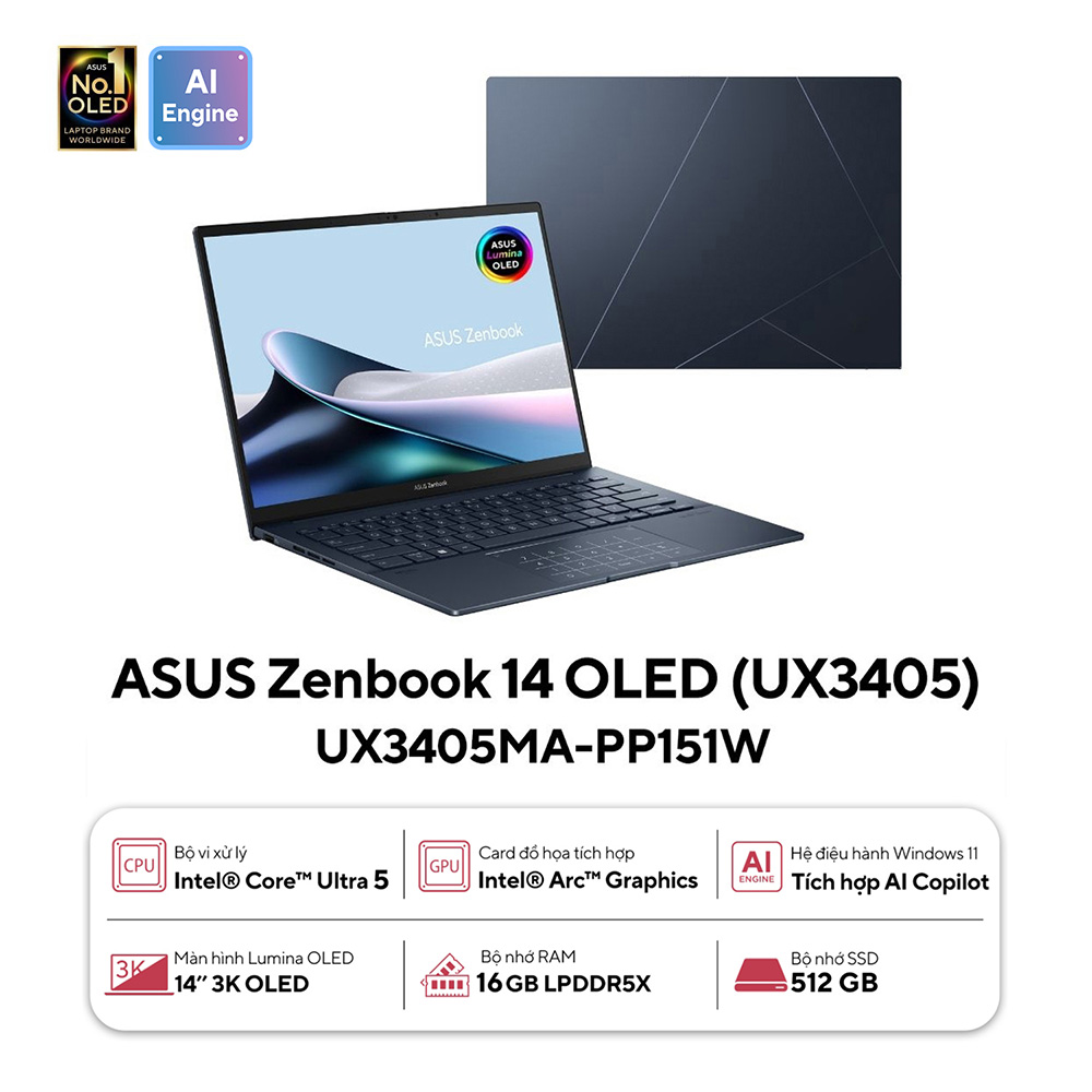 Laptop Asus Zenbook 14 OLED UX3405MA-PP151W (Intel Core Ultra 5 125H | 16GB | 512GB | Intel Arc | 14 inch 3K OLED | Win 11 | Xanh)