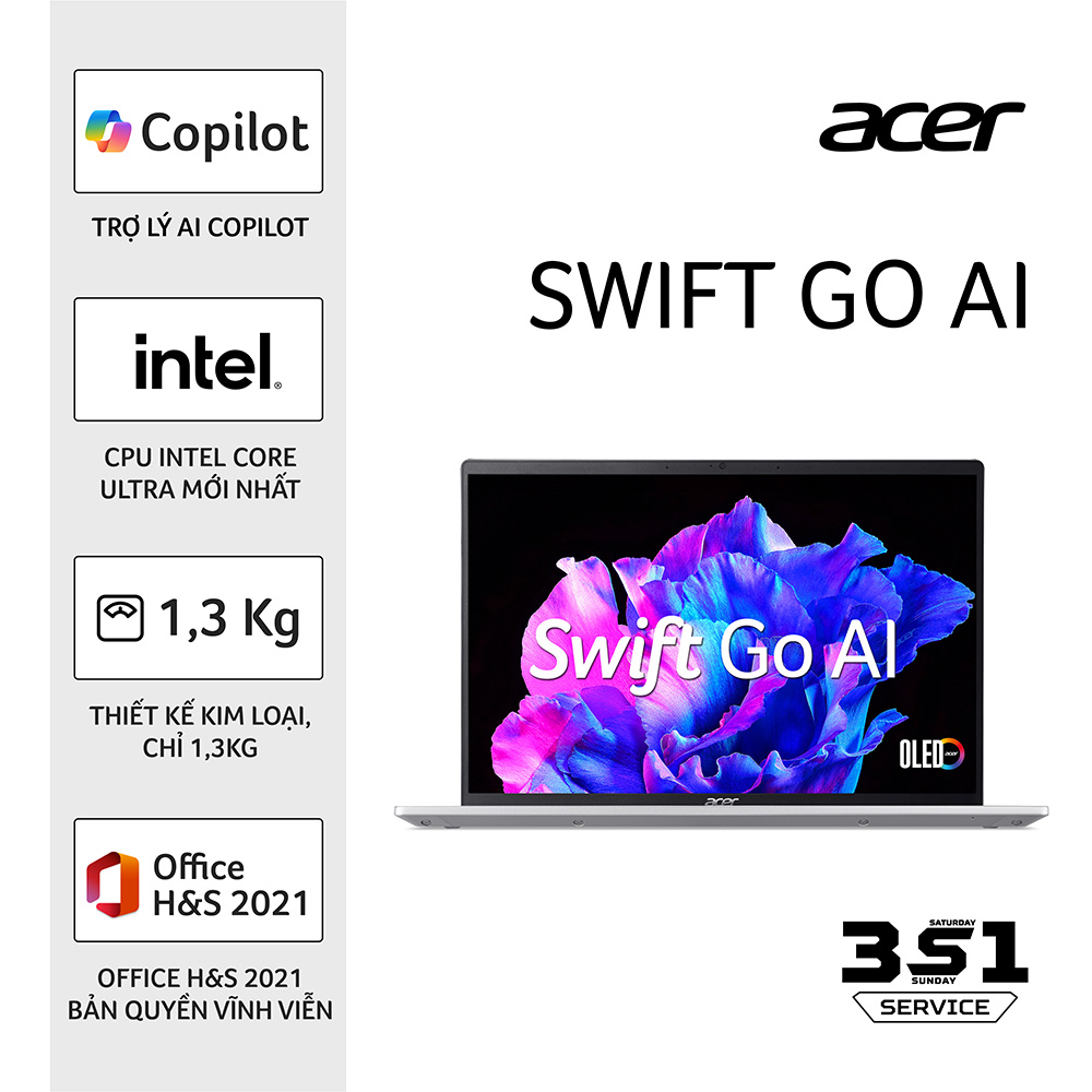 Laptop Acer Swift Go SFG14-72-73YV NX.KRKSV.005 (Intel Core Ultra 7 155H | 16GB | 512GB | Intel Arc | 14 inch 2.2K | Win 11 | Office | Bạc)