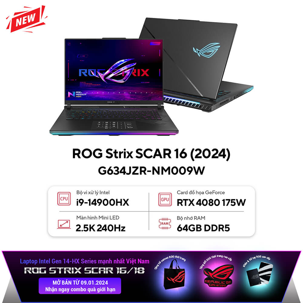 Laptop Asus ROG Strix SCAR 16 G634JZR-NM009W (Intel Core i9-14900HX | 64 GB | 2TB | RTX 4080 | 16 inch WQXGA | Win 11 | Đen)