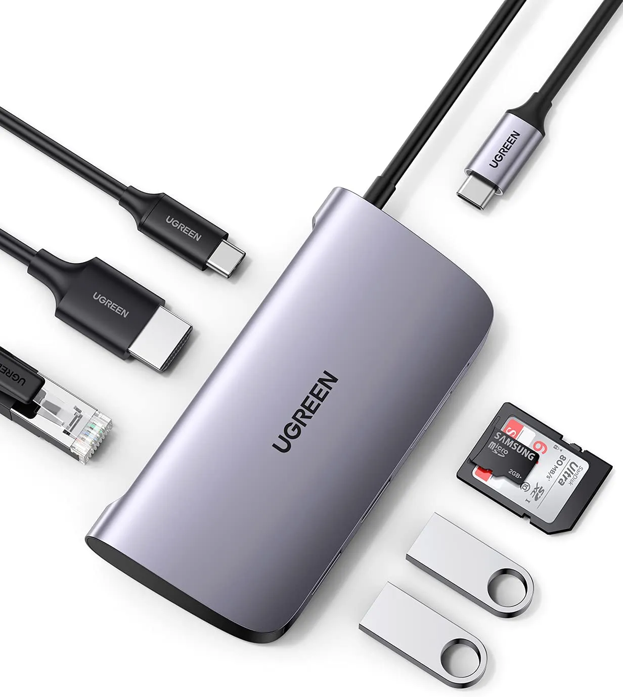Cáp USB type-C to HDMI/Hub USB 3.0/SD/TF/Lan Gigabit chính hãng Ugreen 50852 cao cấp