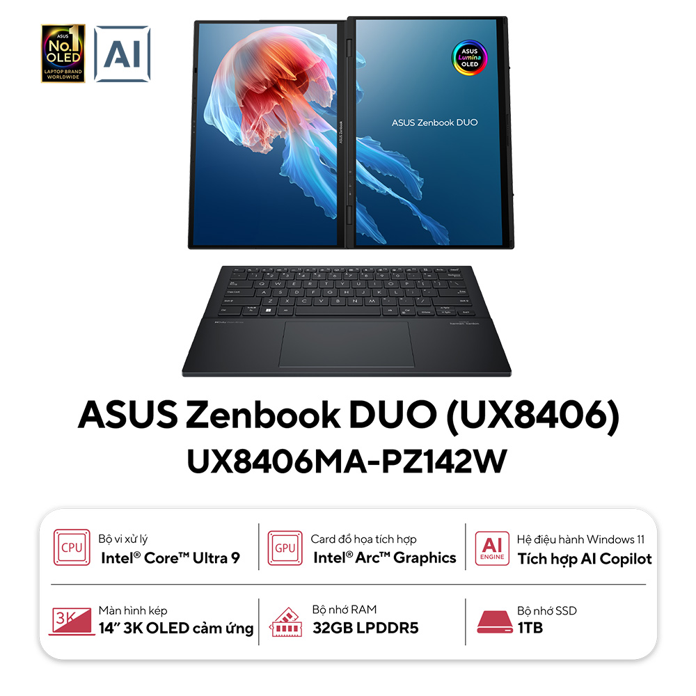 Laptop Asus ZenBook Duo OLED UX8406MA-PZ142W (Intel Core Ultra 9 185H | 32GB | 1 TB | Intel Arc | 14 inch 3K | Cảm ứng | Win 11 | Xám)