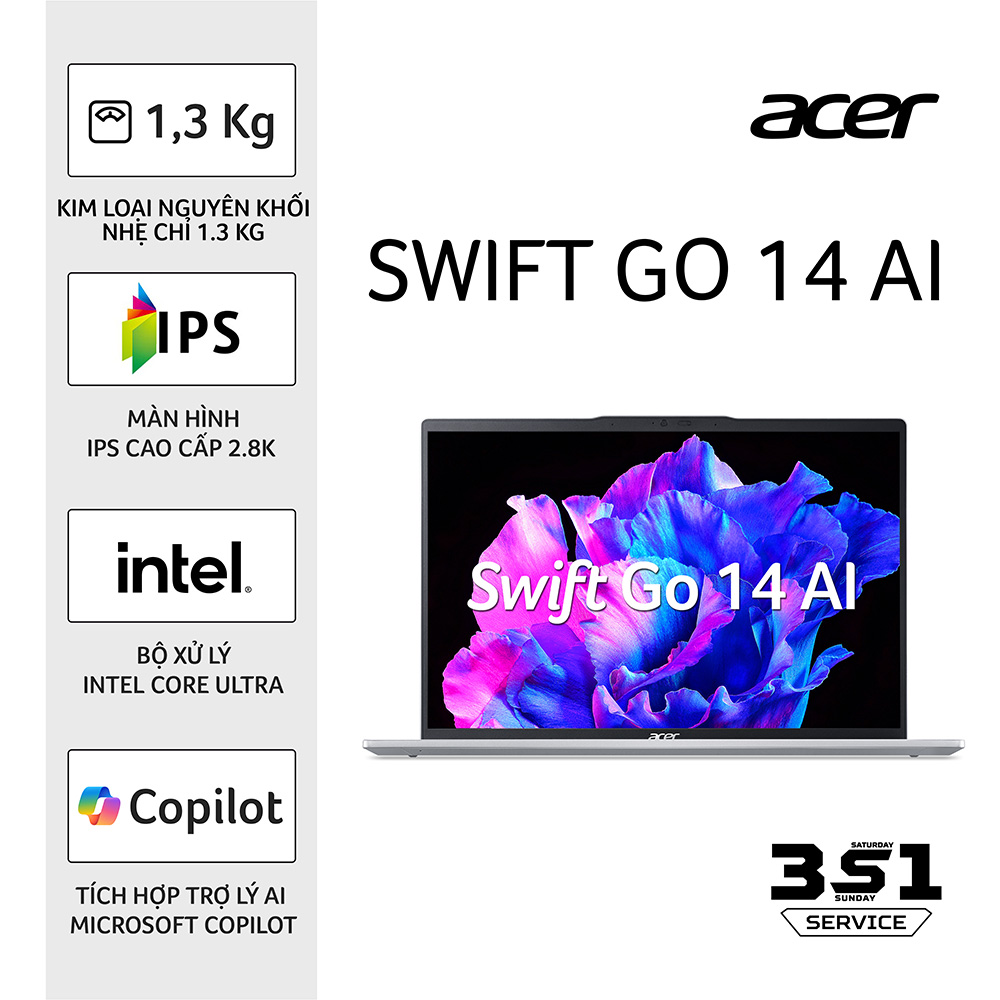LAPTOP ACER SWIFT GO SFG14-73-71ZX NX.KSLSV.002 (INTEL CORE ULTRA 7 155H | 16 GB | 512GB | INTEL ARC | 14 INCH 2.8K | WIN 11 | BẠC)