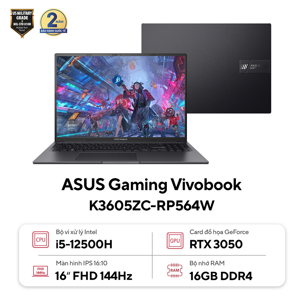 LAPTOP ASUS GAMING VIVOBOOK K3605ZC-RP564W (INTEL CORE I5-12500H | 16GB | 512GB | RTX 3050 | 16 INCH WUXGA | WIN 11 | ĐEN)