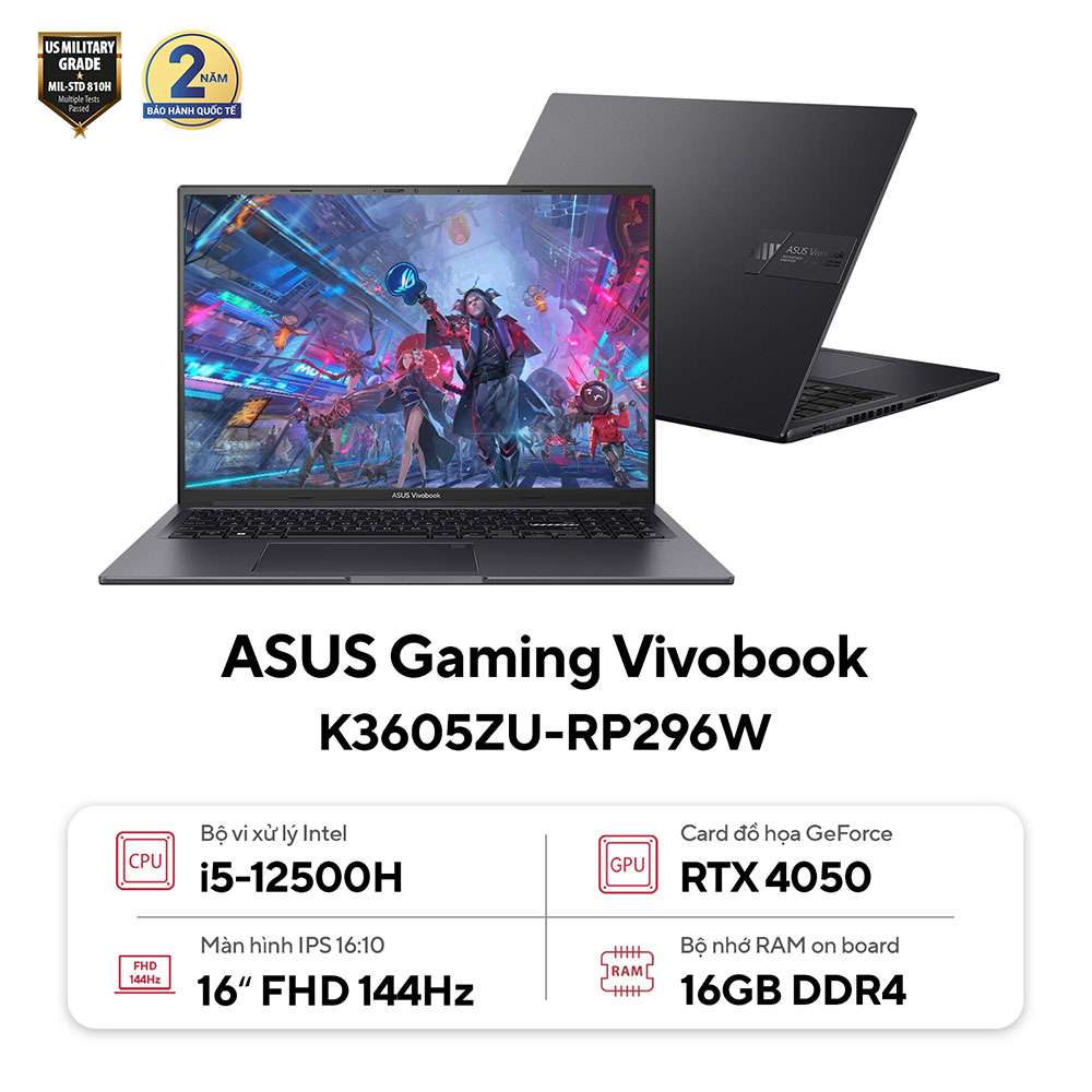 Laptop ASUS Gaming Vivobook K3605ZU-RP296W (Intel Core i5-12500H | 16GB | 512GB | RTX 4050 | 16 inch WUXGA | Win 11 | Đen)