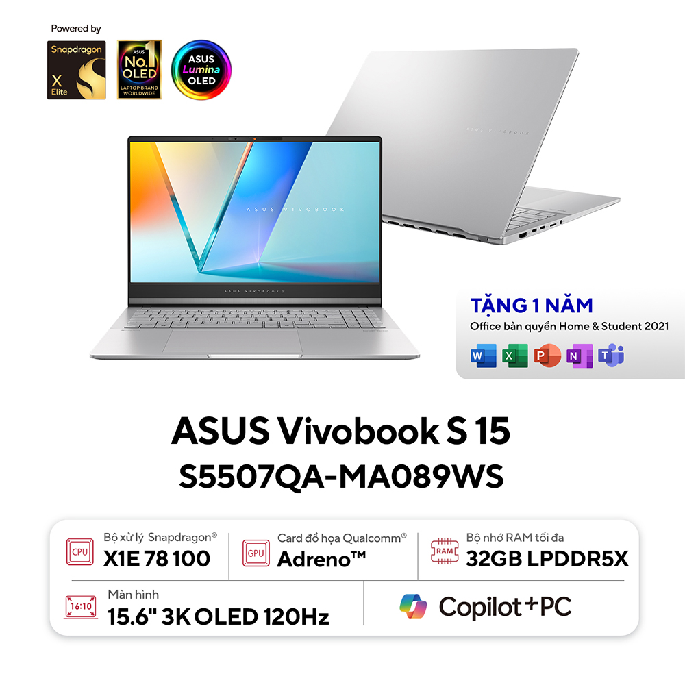 Laptop Asus Vivobook S 15 S5507QA-MA089WS (Snapdragon X1E | 32GB | 1TB | Qualcomm Adreno | 15.6 inch 3K OLED | Win 11)