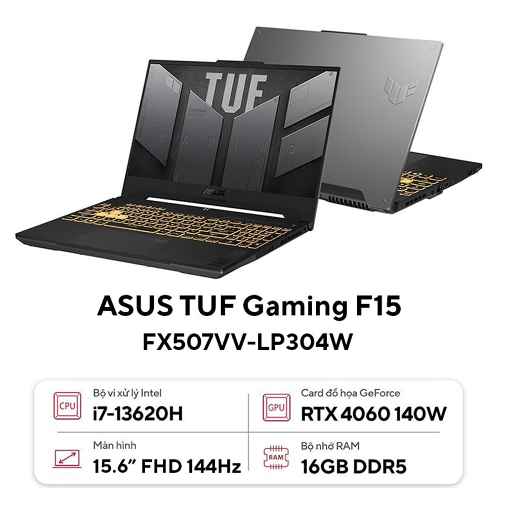 Laptop ASUS TUF Gaming F15 FX507VV-LP304W (Intel Core i7-13620H | RTX 4060 |16GB | 1TB | 15.6 inch FHD 144Hz | Win 11 | Xám)