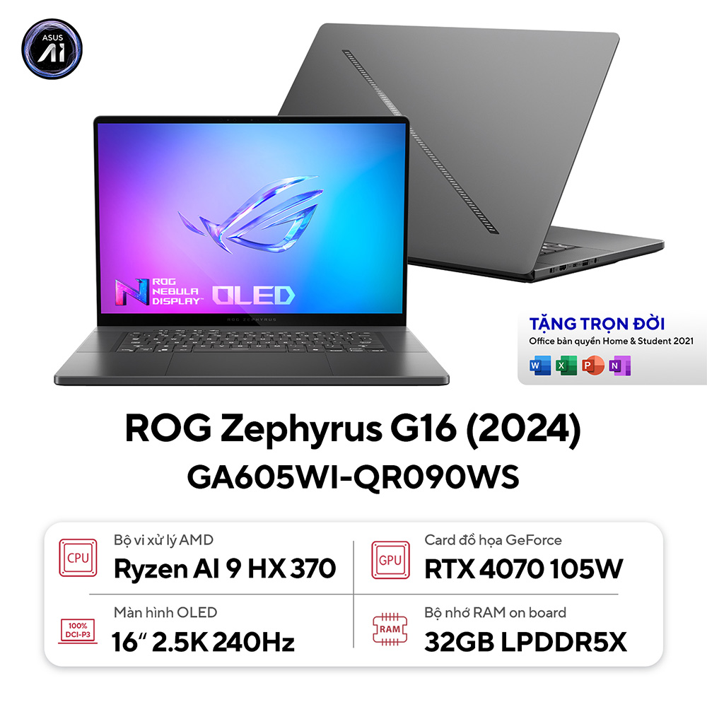 LAPTOP ASUS GAMING ROG ZEPHYRUS G16 GA605WI-QR090WS (AMD RYZEN AI 9 HX 370 | RTX 4070 8GB | 16 INCH WQXGA OLED | 32 GB | 1 TB | WIN 11)